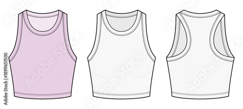 Minimal Ribbed Cropped Tank Top Technical Fashion Illustration. Fitted Summer Essential. Modern Streetwear Basic. Front and Back View. Porcelain rose color. CAD Vector Template.
