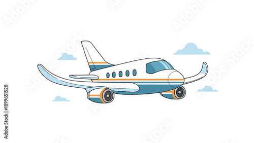 Small private jet aircraft with blue and orange stripes flies gracefully through the clouds in a bright blue sky for travel concept.