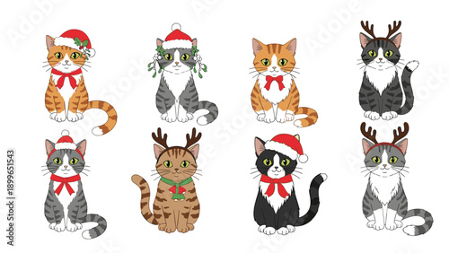 Set of eight adorable cats wearing festive Christmas accessories like Santa hats and reindeer antlers is displayed in two rows.