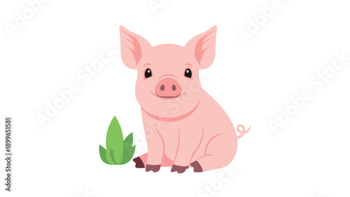 Small pink piglet sits next to a tuft of green grass on a white background in a friendly and cute character design for kids.