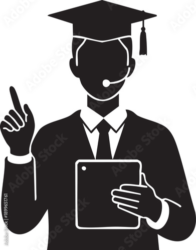 Educator Silhouette with Graduation Cap, Headset, and Tablet