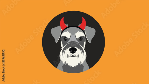 Schnauzer dog wearing red devil horns is featured in a dark circular frame against an orange background for a Halloween theme.