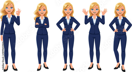 Flat vector illustration set of a professional blonde businesswoman wearing a navy blue suit and white shirt with various confident corporate poses.