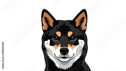 Detailed vector portrait of a black and tan shiba inu dog head with distinct markings and a friendly look on a white background.