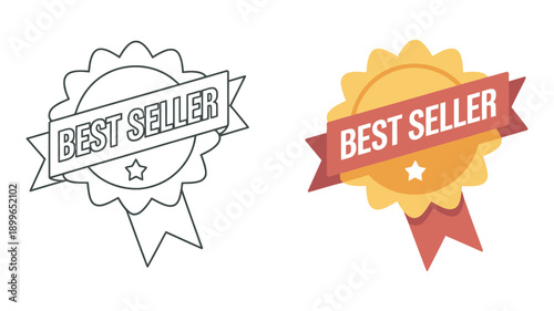 Best seller badge icon set, two styles, black line art outline and vibrant flat color, graphic design element, marketing concept