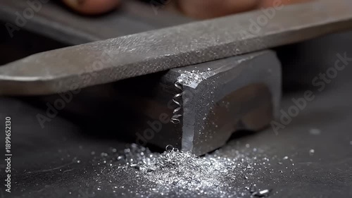 Detailed view of a metal file abrading a solid metal object, generating numerous metallic particles.