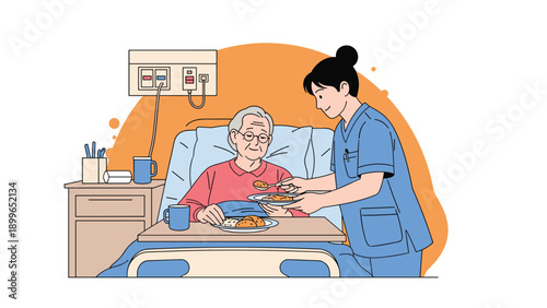 Helpful young female nurse in blue scrubs serving a nutritious meal to an elderly male patient resting in a hospital bed scene.