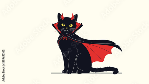 Spooky halloween illustration of a black cat sitting and wearing a red and black vampire cape with small devil horns on its head.