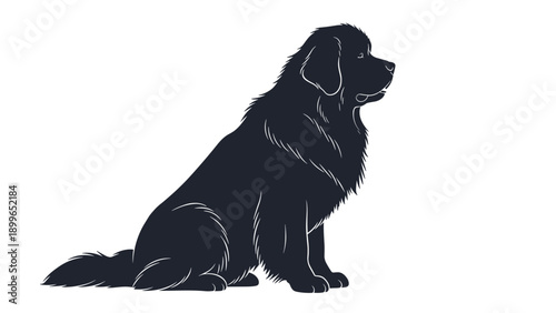 Solid black silhouette of a large newfoundland dog sitting in profile view highlighting its thick fur coat on a white background.