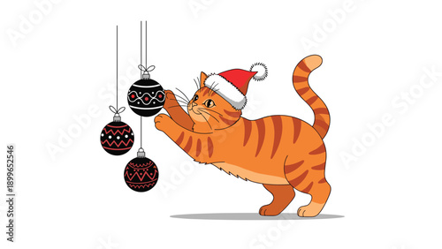 Playful ginger tabby cat wearing a red and white santa hat tries to bat at hanging christmas bauble ornaments during the festive winter season.