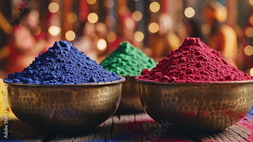 Colored holi powder. indian festival celebration. gulal color pigment. hindu spring tradition. vibrant festive atmosphere.