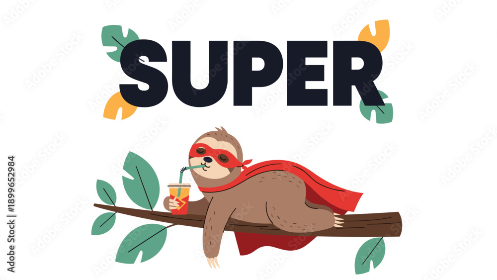 Fototapeta premium Funny cartoon sloth character dressed as a superhero wearing a red mask and cape while drinking a soda on a branch.