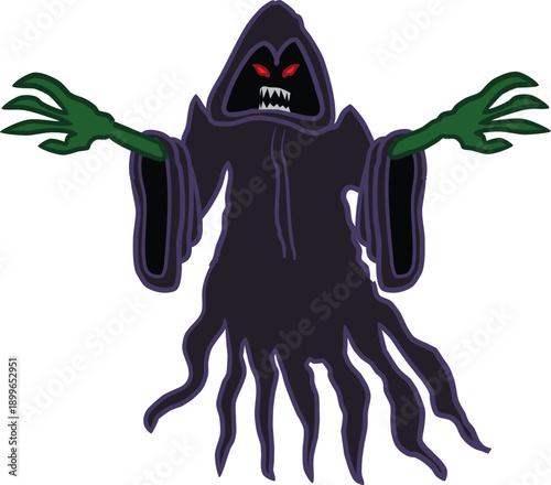 Scary black ghost with tentacles arms raised eerie expression spooky phantom creature isolated on white ideal for halloween horror night supernatural illustration vector clipart designs.