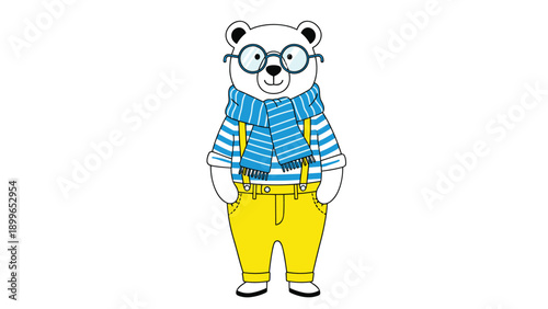 Stylish polar bear character wearing a blue and white striped sweater blue scarf yellow pants and blue frame glasses.
