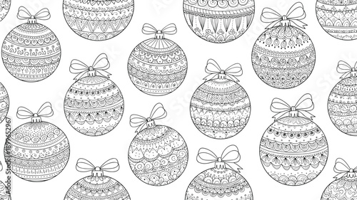 Seamless black and white pattern featuring various intricately decorated christmas bauble ornaments with bows.