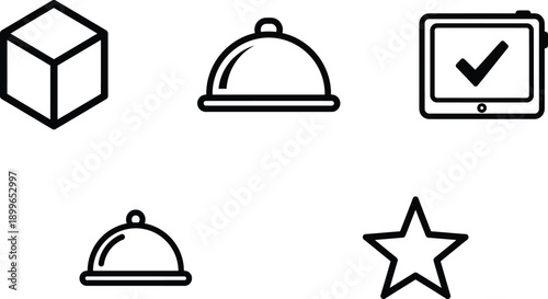 line icons of cube star check mark and covered dishes