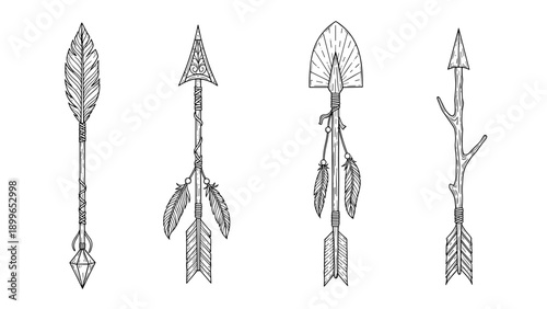 Set of four diverse hand drawn native american style arrows with feathers and ornate arrowheads in black ink.