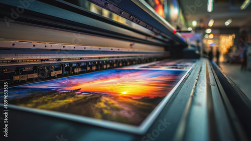 Industrial large-format digital printer creating vibrant landscape photo prints with bright sunset and colorful sky in a modern studio environment