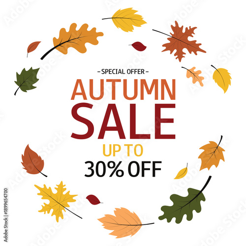 Autumn sale. Colorful leaves wreath and text. Up to 30%. Template for design, flyer, poster, advertising, online store, shop window, promotion, sell out.