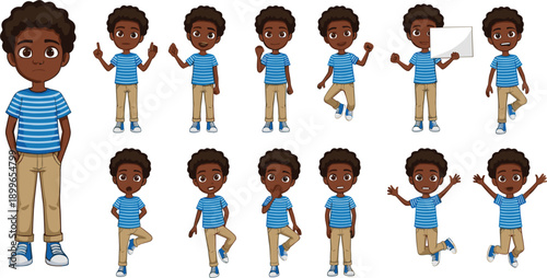 African American cartoon boy character set in blue shirt showing various emotions and actions like jumping waving holding paper and thinking poses.