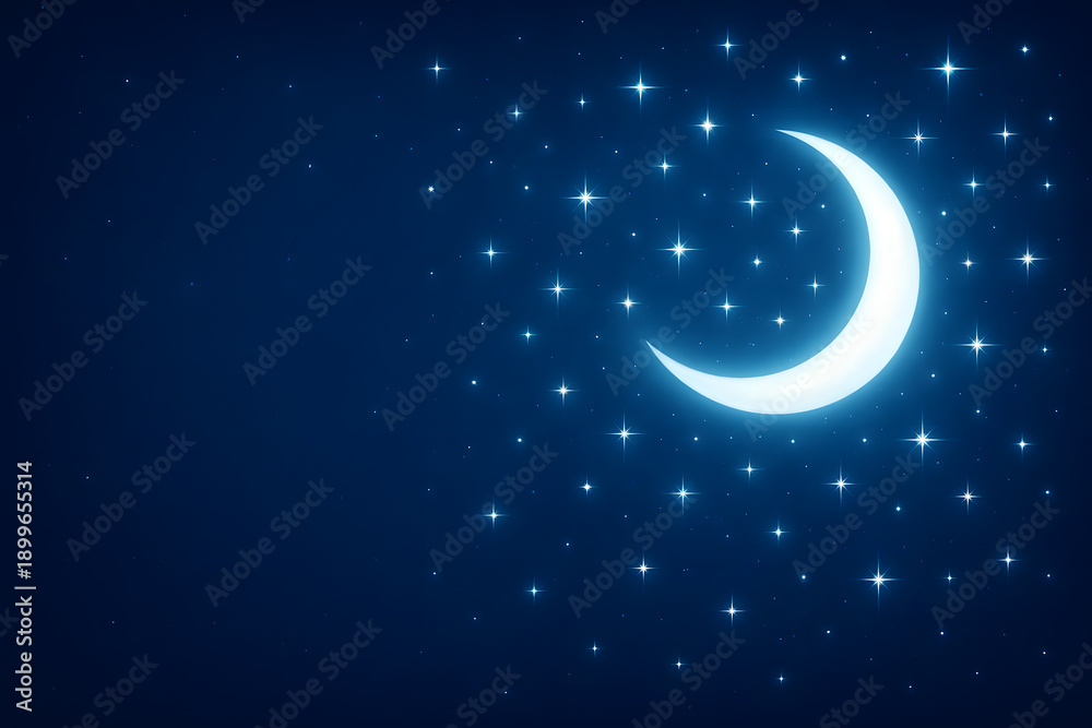 Naklejka premium A serene night sky with a glowing crescent moon and stars