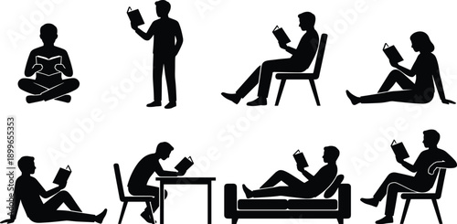 Set of black silhouettes featuring men and women reading books in various positions like sitting standing lying on a sofa and at a desk