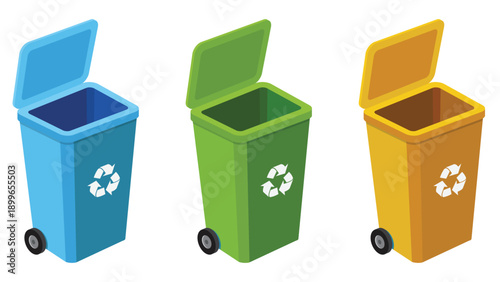 colorful recycling bins for waste separation. recycle infographic. isolated on white background. Trash type bin for garbage organic, plastic, glass, paper, metal. vector illustration.
