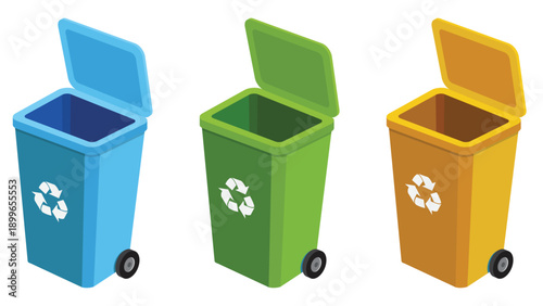 colorful recycling bins for waste separation. recycle infographic. isolated on white background. Trash type bin for garbage organic, plastic, glass, paper, metal. vector illustration.