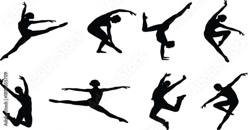 Silhouette collection of graceful female ballet dancers and modern performers jumping stretching and posing in various artistic positions isolated on white background for design