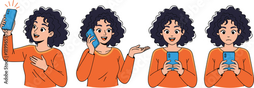 Flat vector illustration set of a young woman with curly hair using a smartphone for calling, texting, taking selfies, and showing emotions.