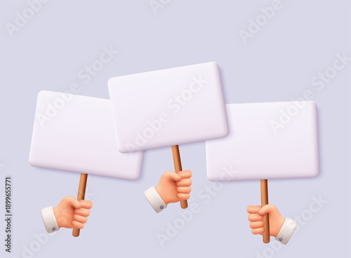 3D illustration of hands holding blank protest signs. Demonstration, activism, freedom of speech, public opinion and social movement concept.