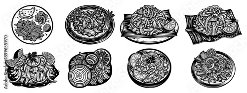 Set of traditional thai food dishes with noodles and vegetables in engraving style
