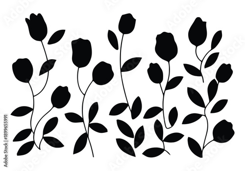 Minimalist tulip flower field with mixed blossoms and leaf stems vector silhouette, isolated on white background