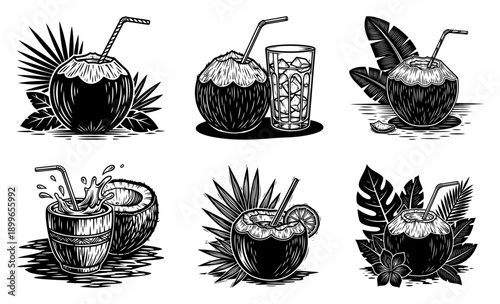 Vintage engraving style collection of coconut cocktails and palm leaves