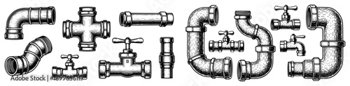 Set of industrial pipes and plumbing valves in retro engraving style