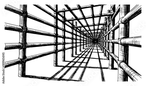 Perspective view of industrial construction scaffolding pipes tunnel sketch
