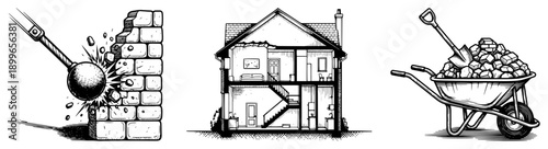 Set of construction demolition and building site icons in vintage style