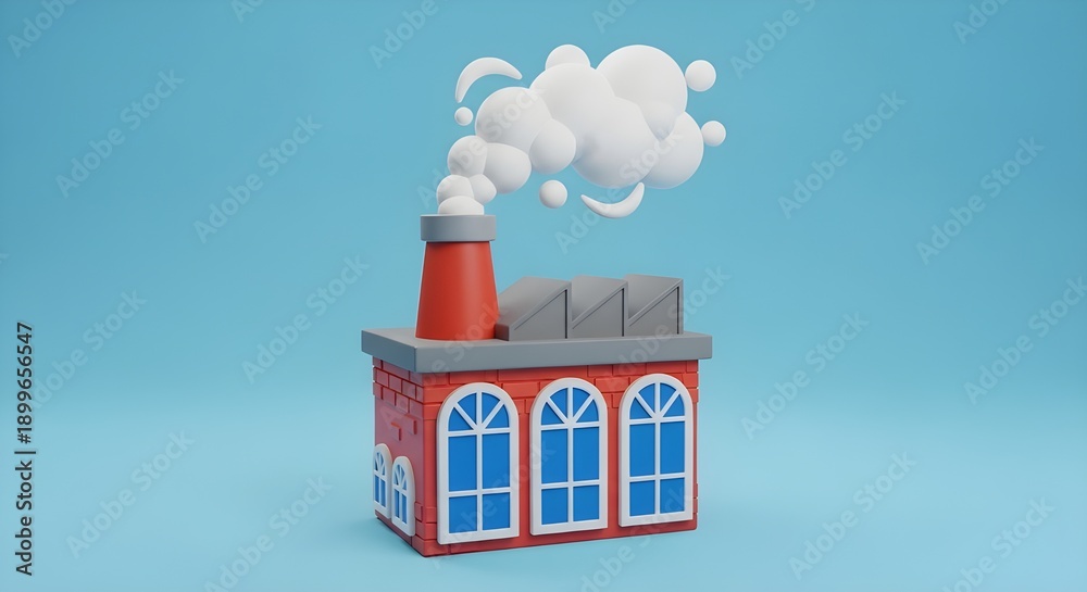 Fototapeta premium An iconic 3D factory icon with red chimneys and billowing white clouds. The red brick design with contrasting blue windows is perfect for industrial illustrations or simulation games.