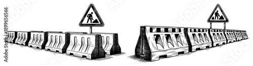 Sketch of concrete road barriers with construction warning signs