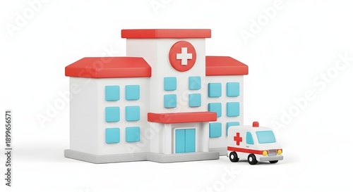 Minimalist 3D hospital icon with an ambulance in front. Clean design in white, red, and blue.