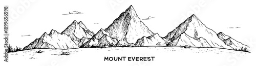Panoramic sketch of Mount Everest peaks in the Himalayas