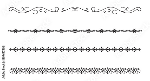 Four different black thin ornamental line art dividers with floral and geometric elements on white background