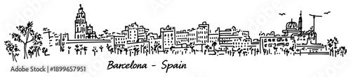 Panoramic hand drawn sketch of Barcelona city skyline in Spain