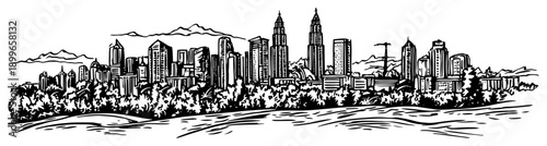Panoramic view of a modern city skyline with skyscrapers and trees hand drawn sketch