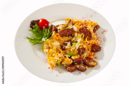 Eggs with sausage and red pepper