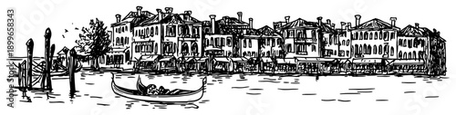 Hand drawn sketch of Venice canal with gondola and old buildings