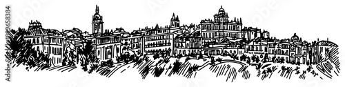 Panoramic ink drawing of old European city skyline with historical buildings