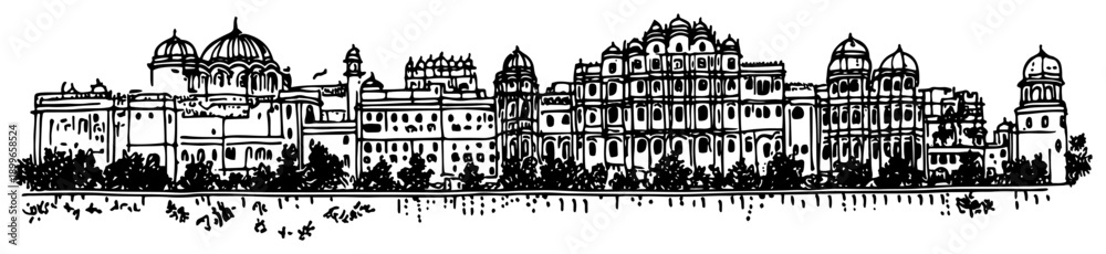 Naklejka premium Panoramic sketch of a historical palace with domes and traditional architecture