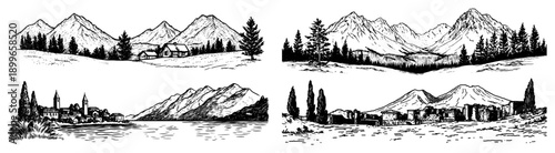 Set of hand drawn mountain landscapes featuring alpine villages and forest nature scenes