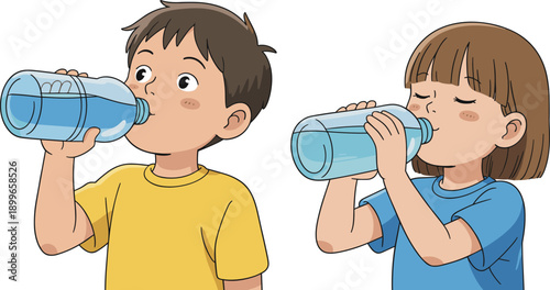 Children drinking water illustration showing boy and girl hydrating from reusable bottles isolated on white background for healthy lifestyle hydration education and childhood wellness concept